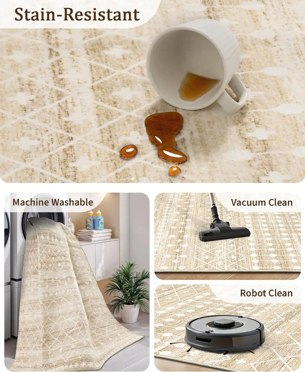 Boho 8x10 Washable Area Rug for Living Room, Non Slip Moroccan Low Pile Carpet,Beige
