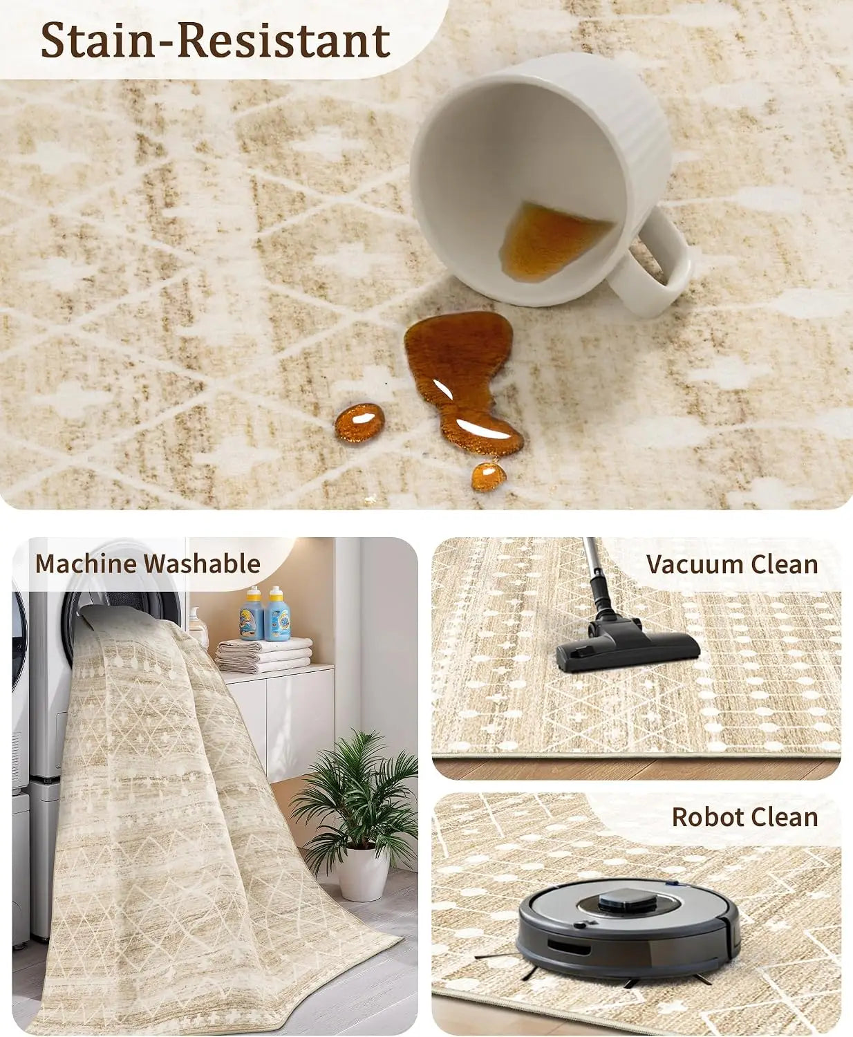 Boho 8x10 Washable Area Rug for Living Room, Non Slip Moroccan Low Pile Carpet,Beige