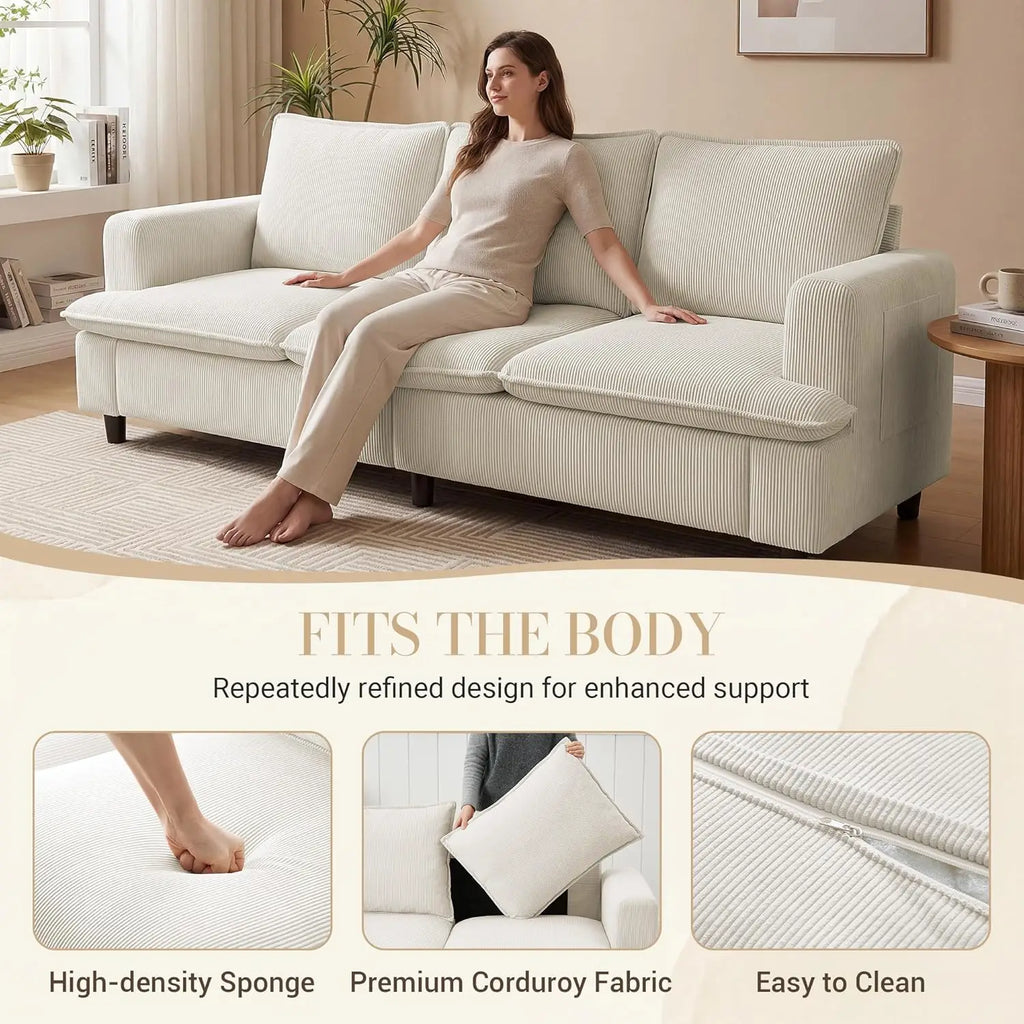 3 Seater Couch, 83" Comfy Corduroy Sofa with Deep Seat, White or Grey