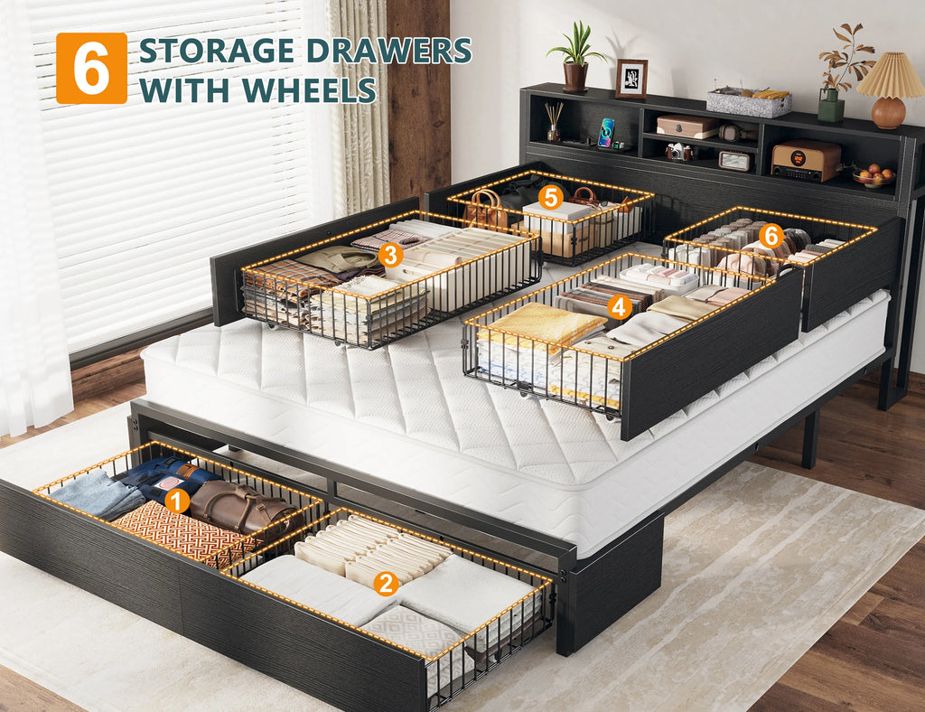 Storage Galore !!! Metal Platform Bed Frame with Bookcase Headboard