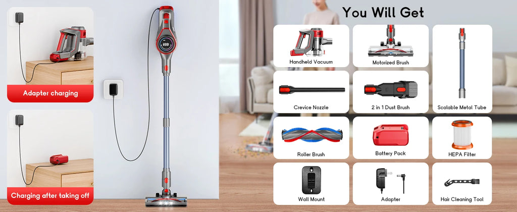 Powerful Cordless Vacuum Cleaner 78KPA 45Min Lightweight Stick Vacuum