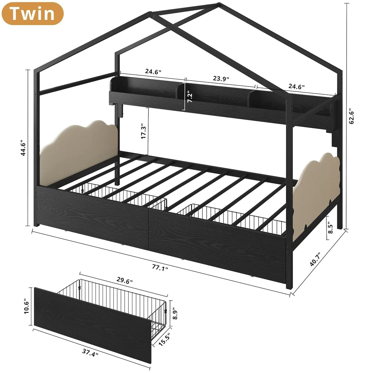 Twin House Day Bed  with Storage Drawers & Bookshelf
