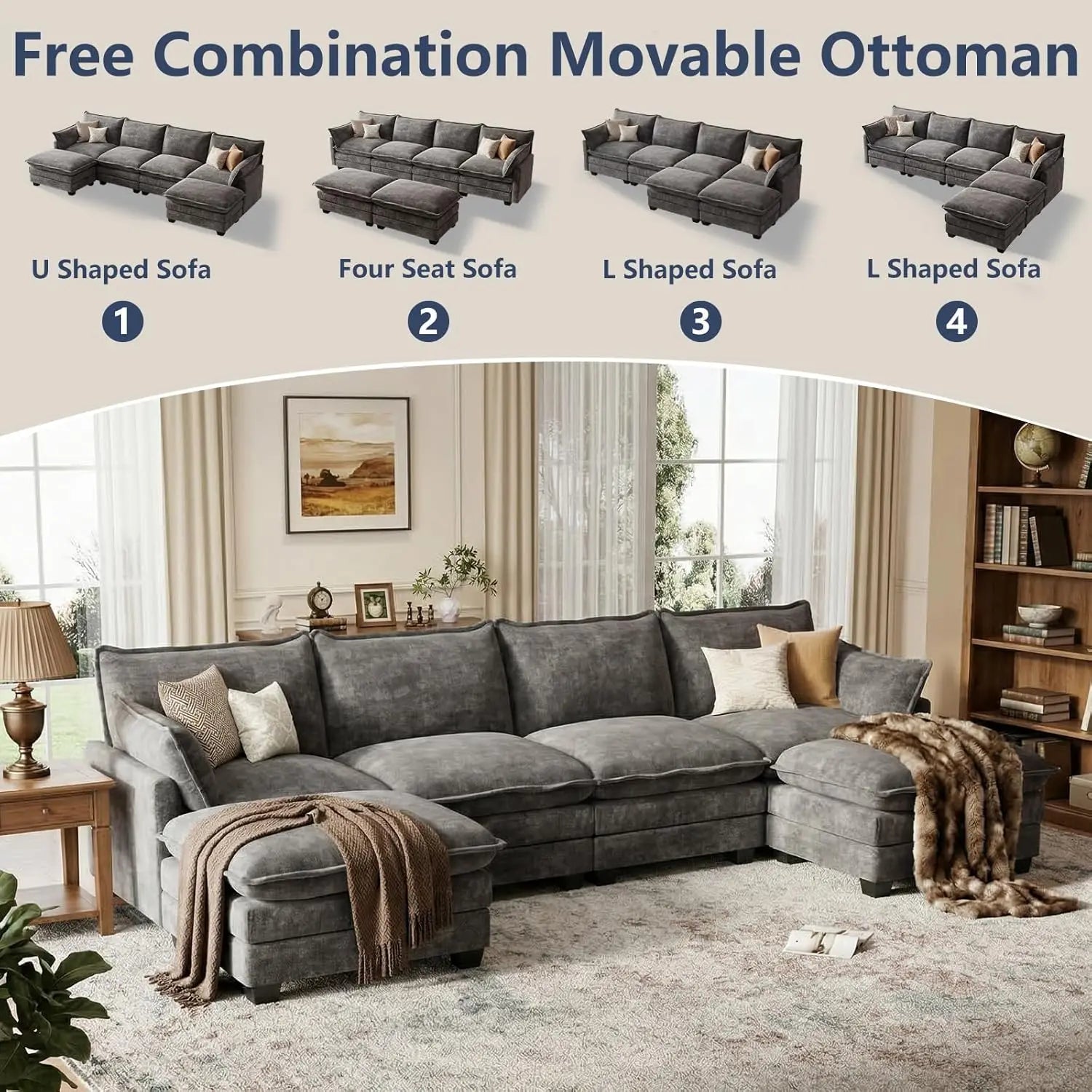 U Shaped Modular Sectional Sofa, Cloud Couch with Movable Ottoman, Comfy Chenille Sofa with Pillows for LivingApartment