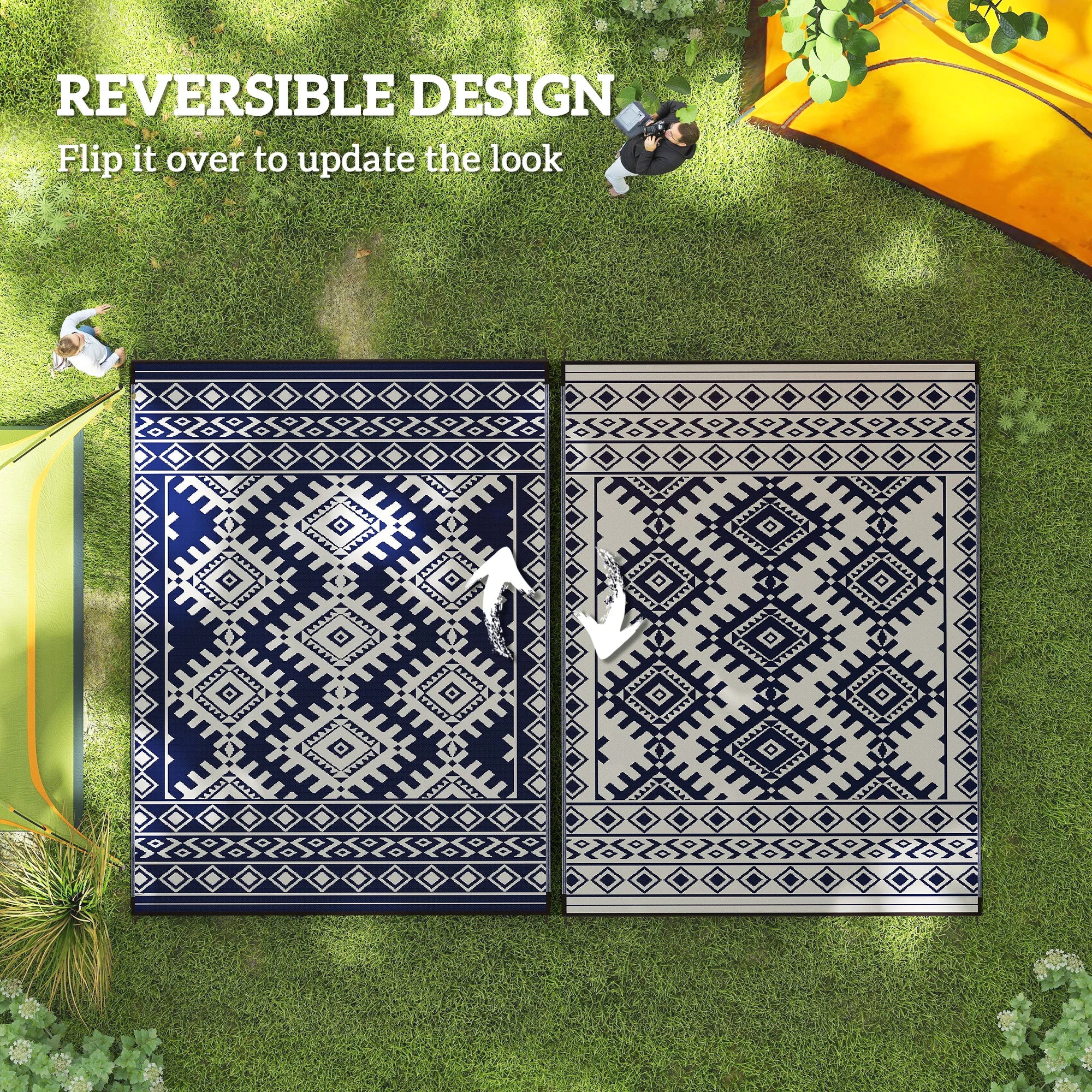 Jazzy Outdoor Rug, 9' x 12' Floor Mat, Blue White Rhombus Border