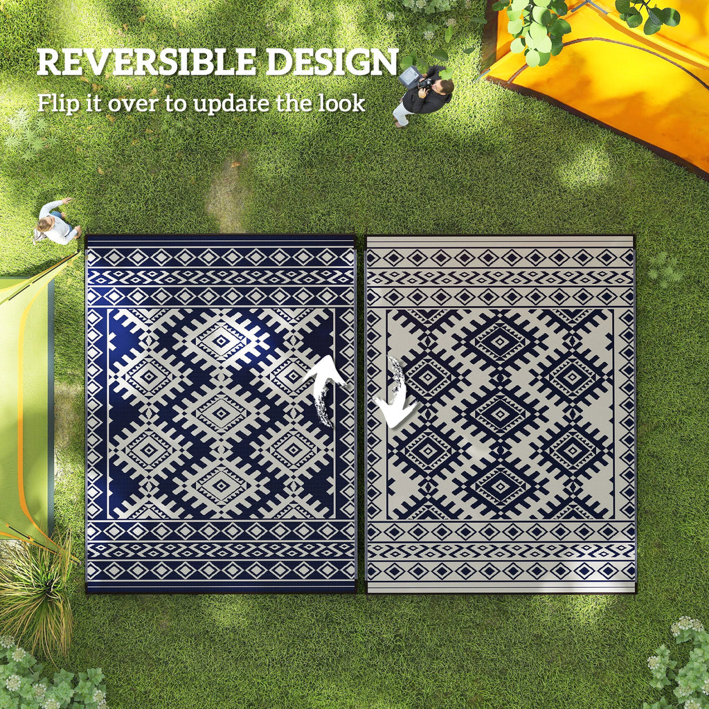 Jazzy Outdoor Rug, 9' x 12' Floor Mat, Blue White Rhombus Border