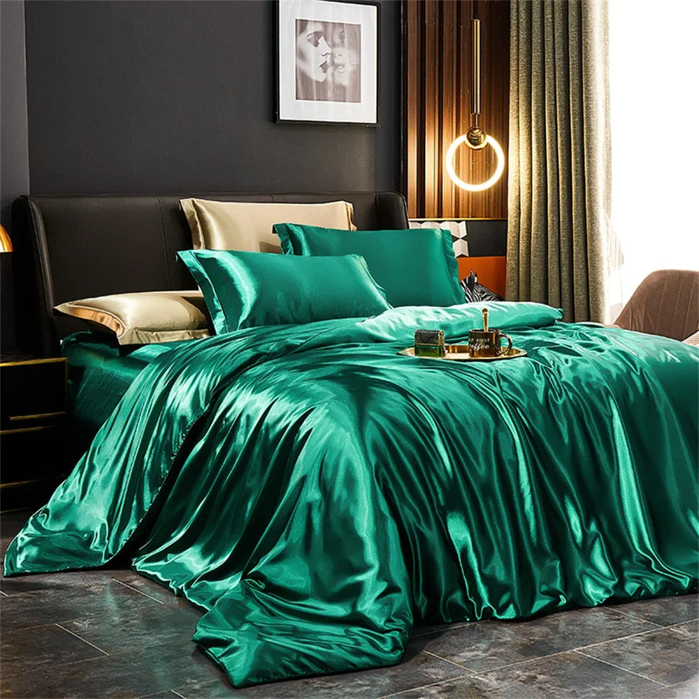 Solid Silk Bedding Set with Duvet Cover Bed Sheet Pillowcases