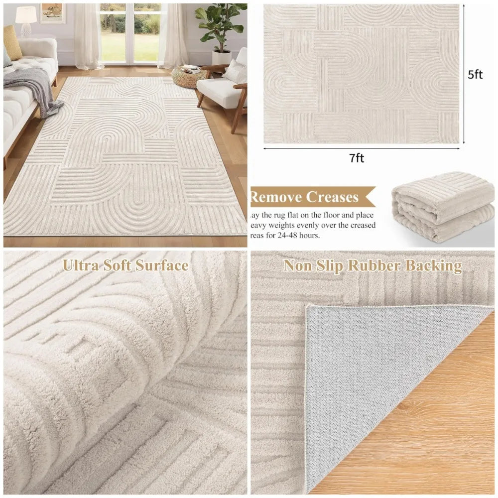 Soft Fluffy 5x7 Washable Area Rugs for Living Room Modern Beige