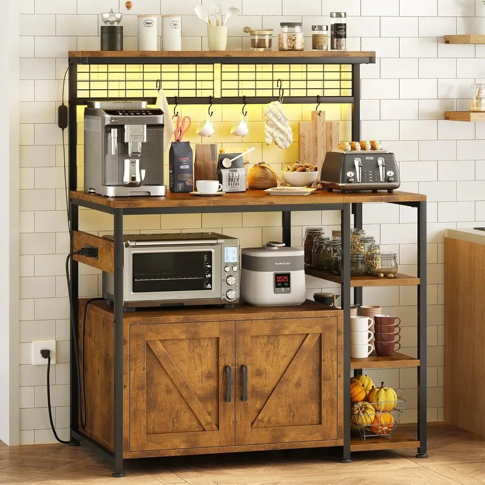 Bakers Rack with Power Outlet and LED Light, Microwave , Coffee bar