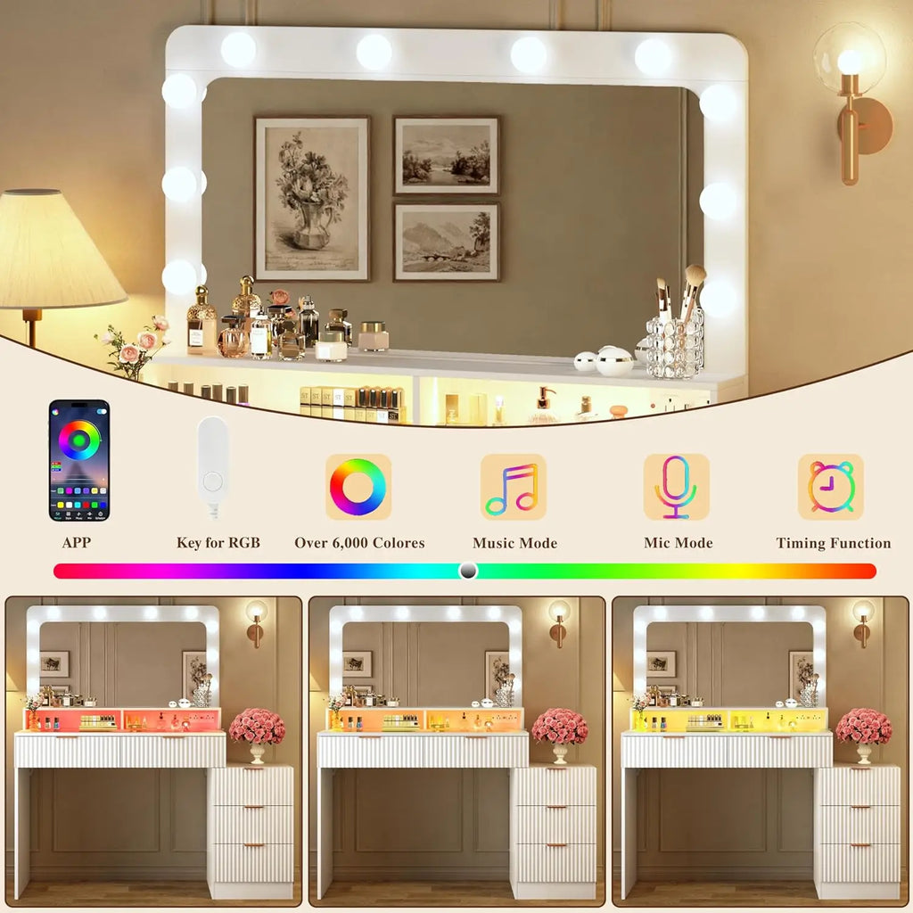 White Fluted Makeup Vanity with Lighted Mirror, Glass Top, 5 Drawers & Built-in Power Outlet
