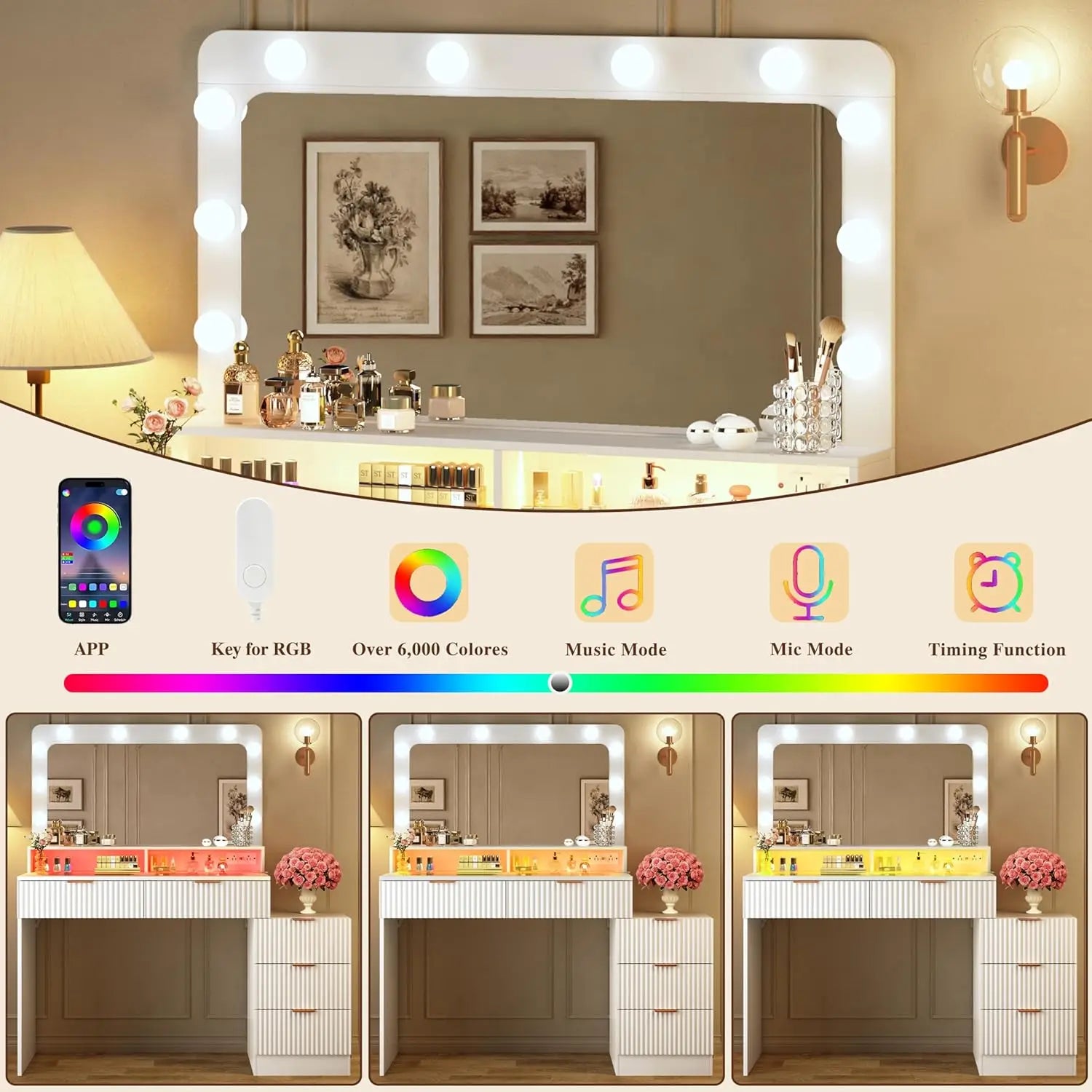 White Fluted Makeup Vanity with Lighted Mirror, Glass Top, 5 Drawers & Built-in Power Outlet