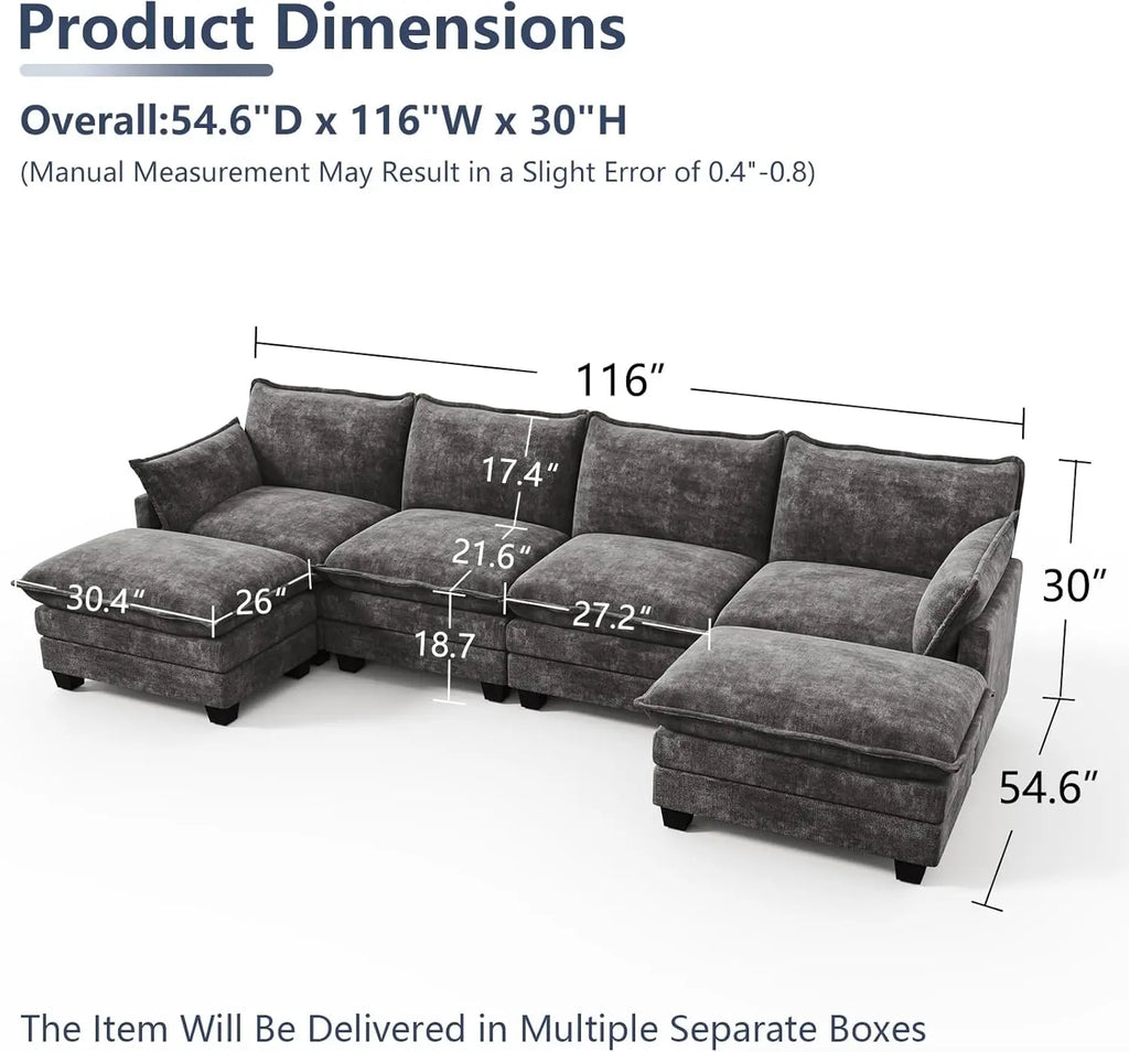 U Shaped Modular Sectional Sofa, Cloud Couch with Movable Ottoman, Comfy Chenille Sofa with Pillows for LivingApartment
