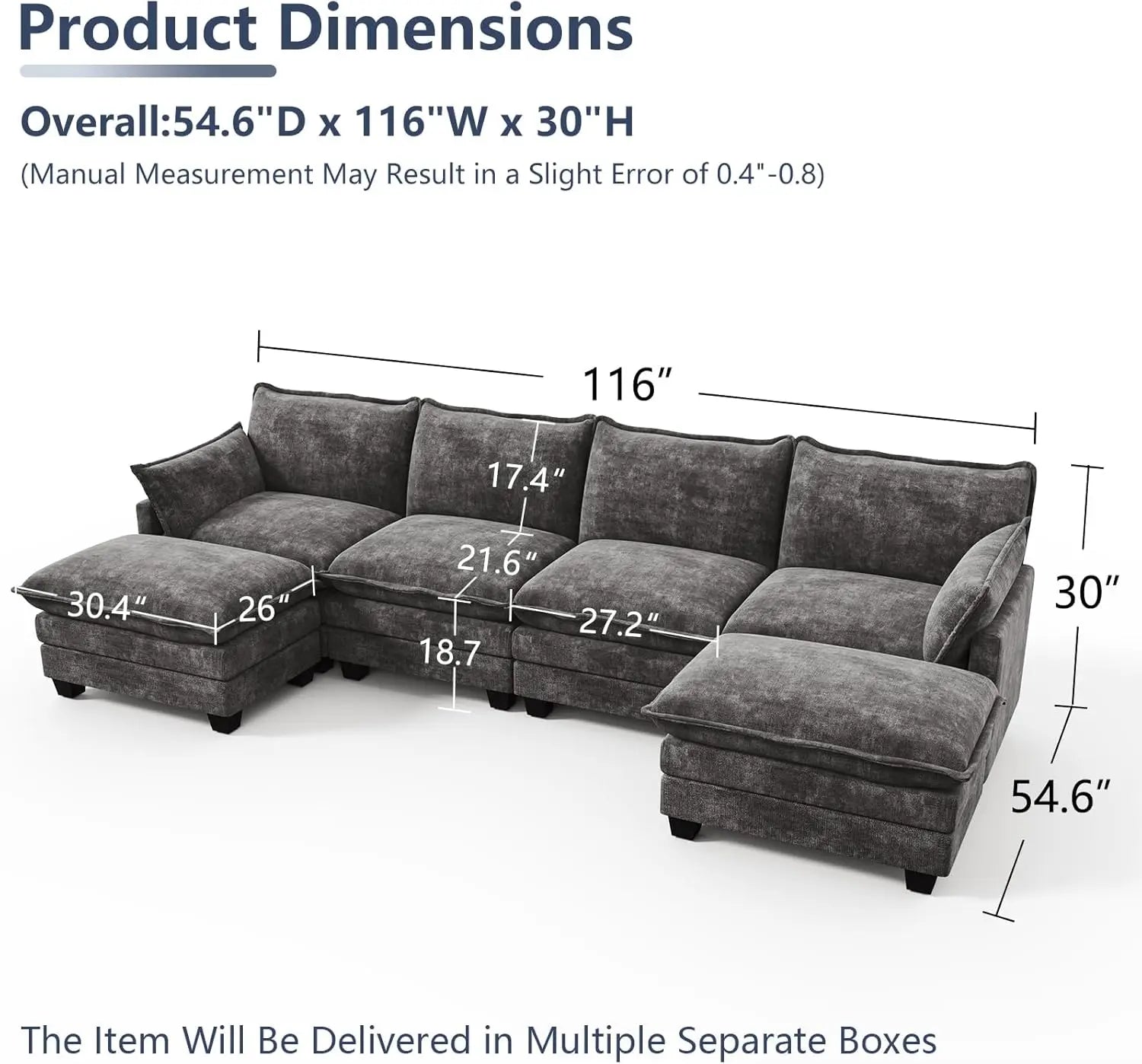 U Shaped Modular Sectional Sofa, Cloud Couch with Movable Ottoman, Comfy Chenille Sofa with Pillows for LivingApartment