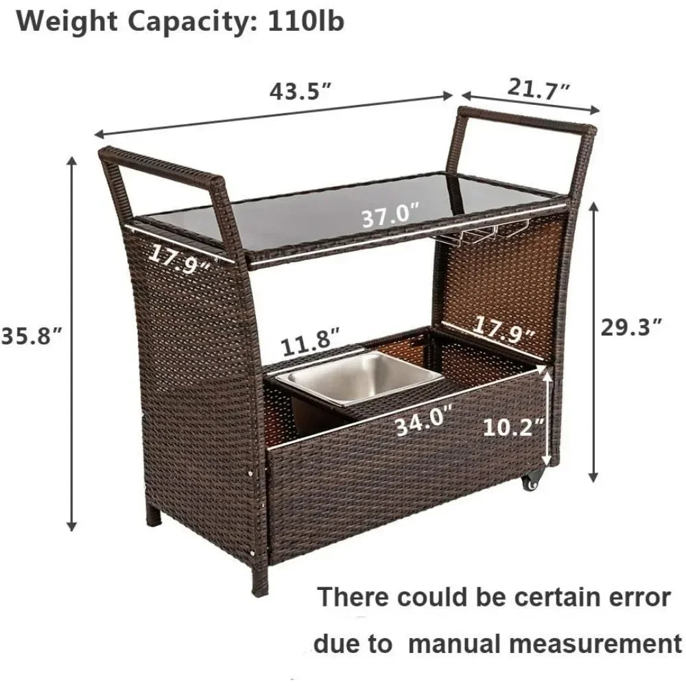Hot-sellingRattan Outdoor Bar Cart on Wheels with Ice Bucket and Glass Top for Serving Drinks