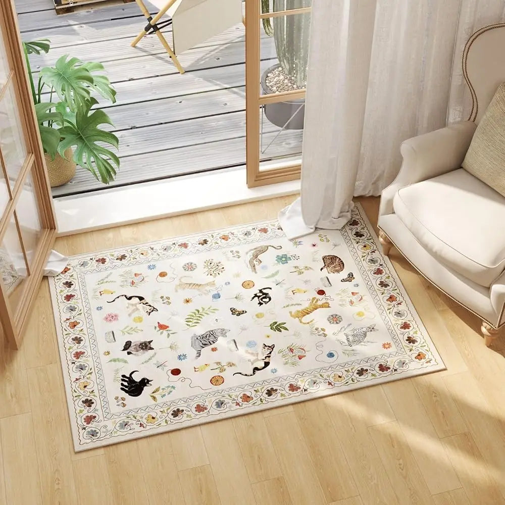 2X3 Rug Washable Boho Floral Animal Cat Small Area Rug