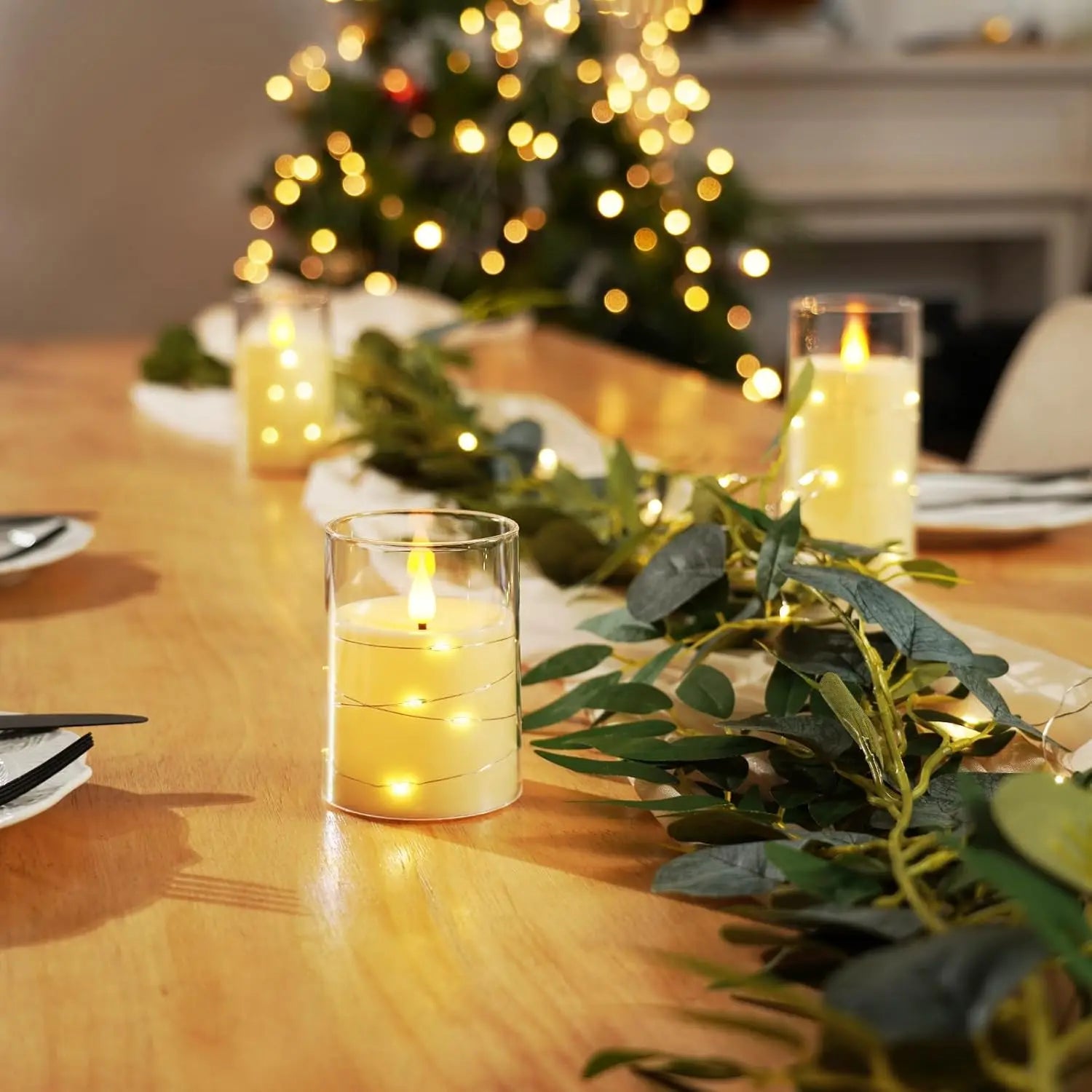 LED Flameless Candles with Fairy Lights, Set of 3, Ivory White
