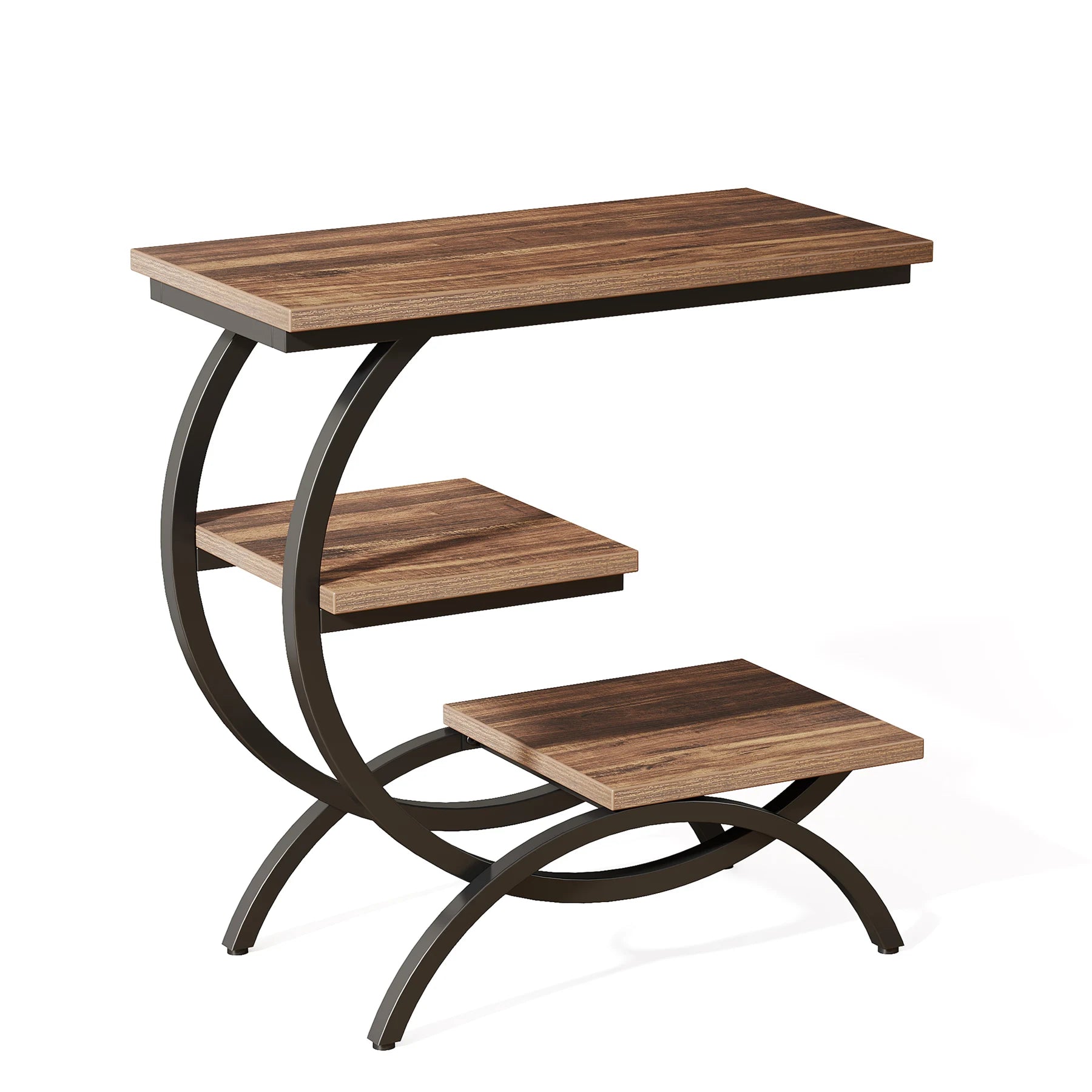 C-Shaped End Table, Industrial 3-Tier Small Table for Couch, Wood Bedside Table Snack Table with Storage Shelves