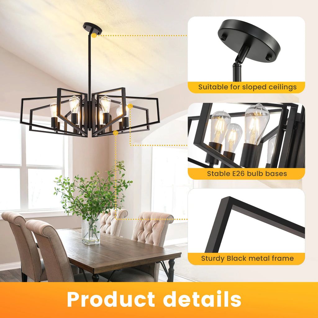 Modern 8-Light Geometric Chandelier Metal Pendant Light , Black or Golden Frame