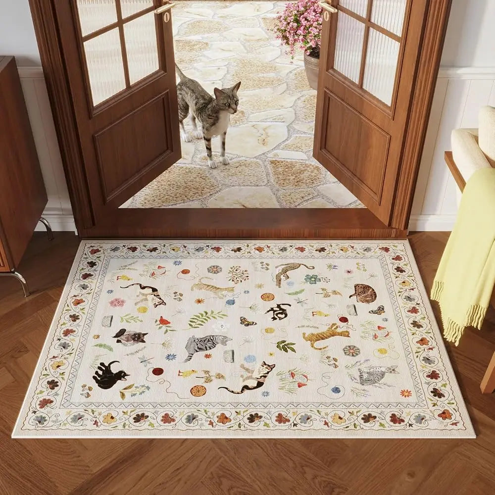 2X3 Rug Washable Boho Floral Animal Cat Small Area Rug