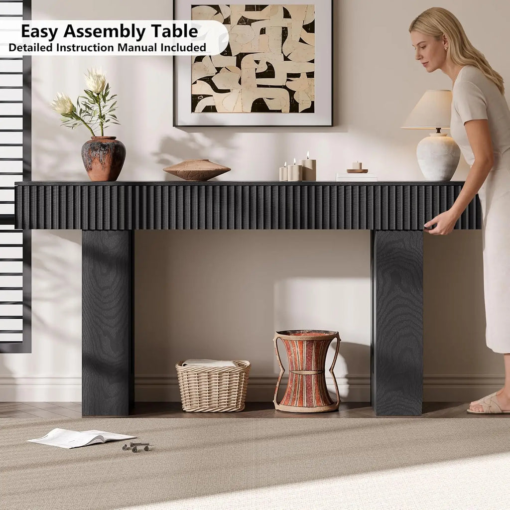 Lights up! 60in Power Outlet RGB Console Table, Thick Wood