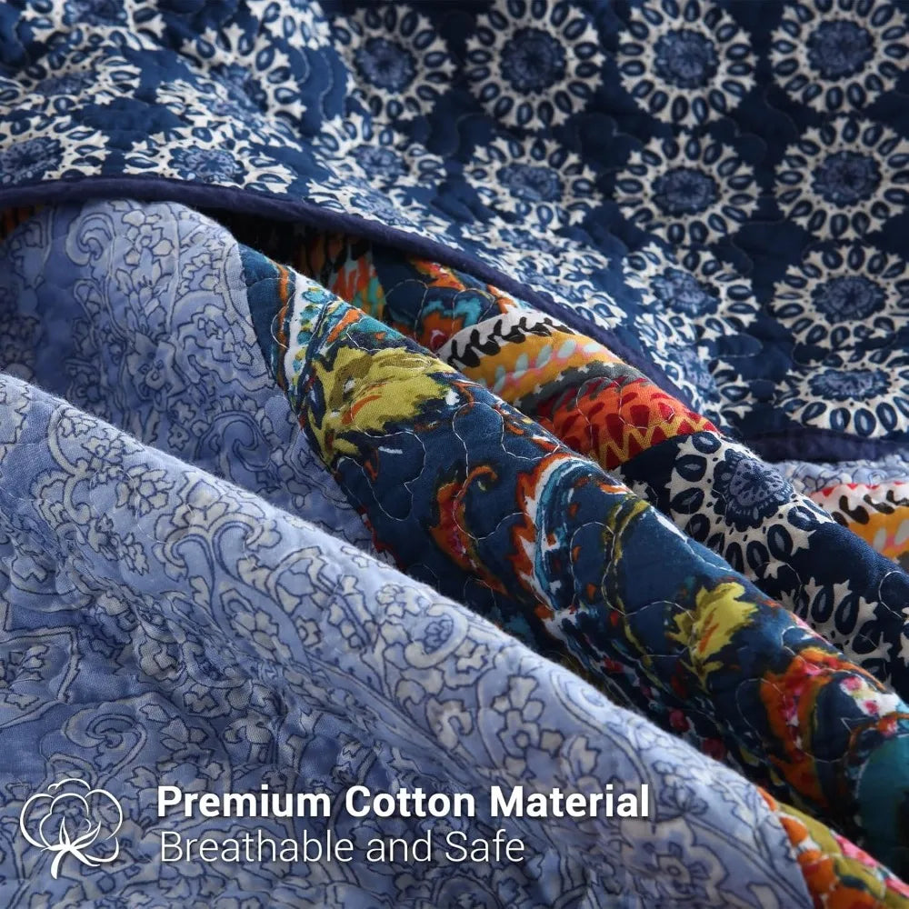 King Quilt Set Reversible Bohemian Paisley Patchwork Quilted Bedspread Set 3-Piece