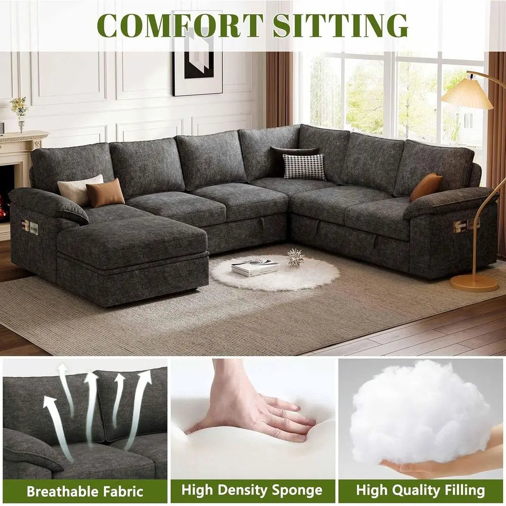 108 Sectional Sofa with Pull-Out Bed, 7-Seat Storage Sectional, Charcoal Grey