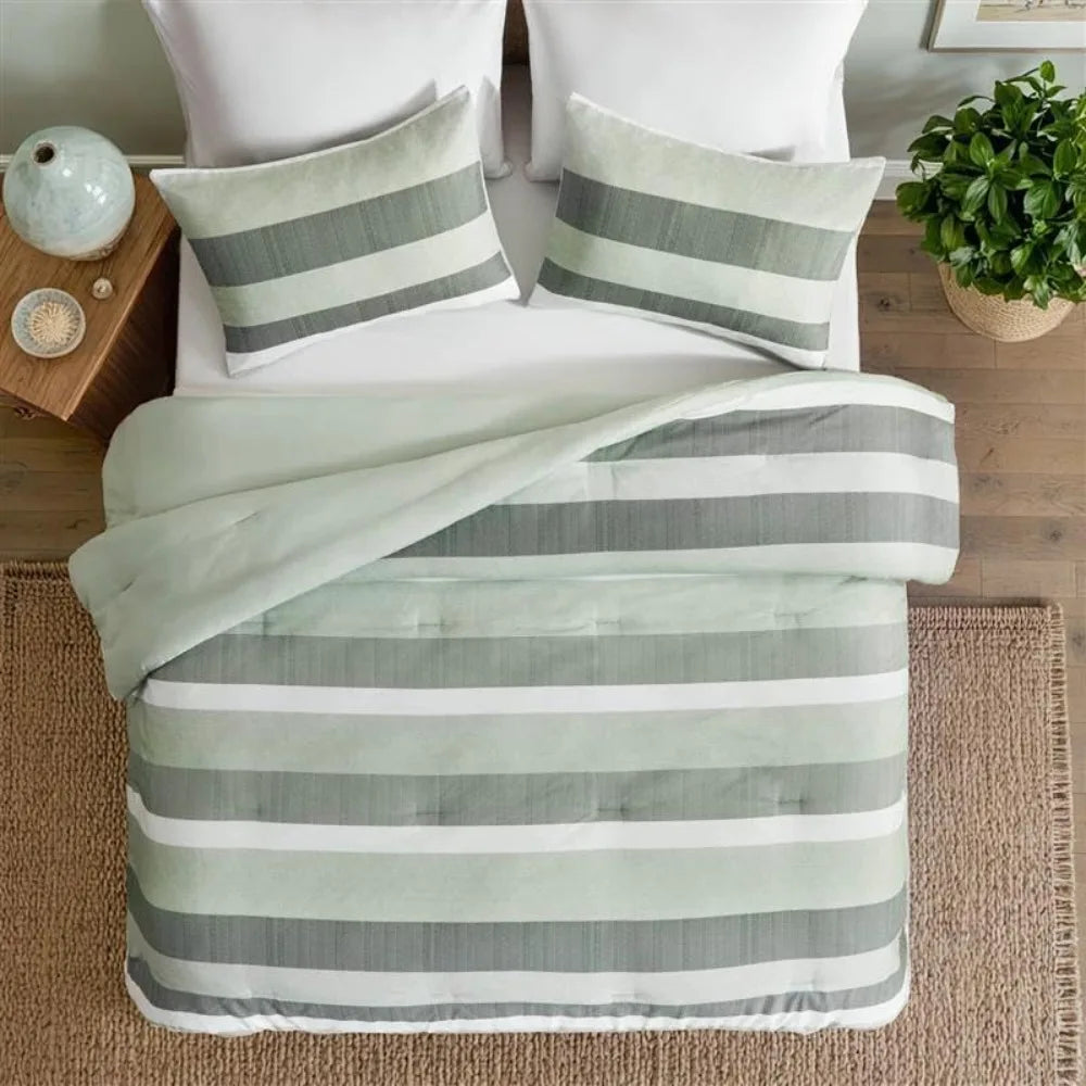 Comforter Set, 3 Pieces Striped Bed Set, Soft Brushed Microfiber Reversible
