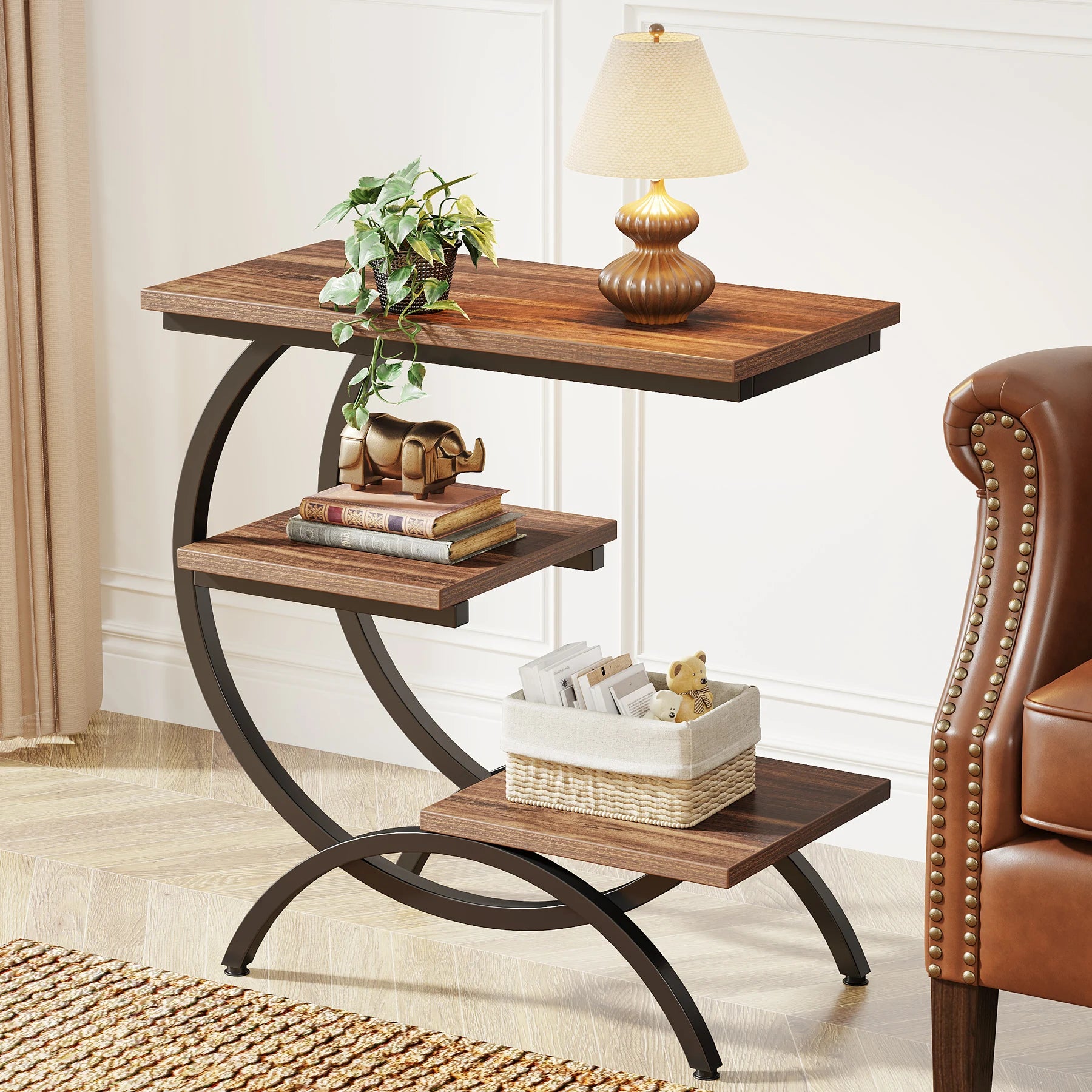 C-Shaped End Table, Industrial 3-Tier Small Table for Couch, Wood Bedside Table Snack Table with Storage Shelves