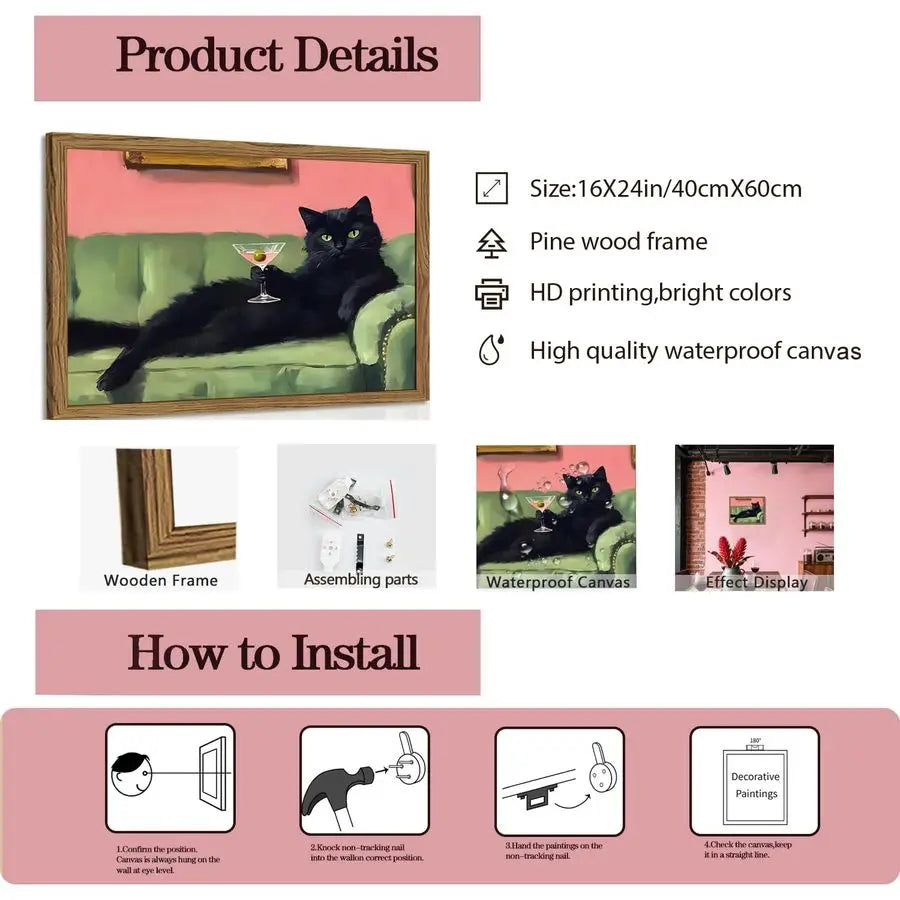 Black Cat Martini Wall Art, Bar Cart Decor