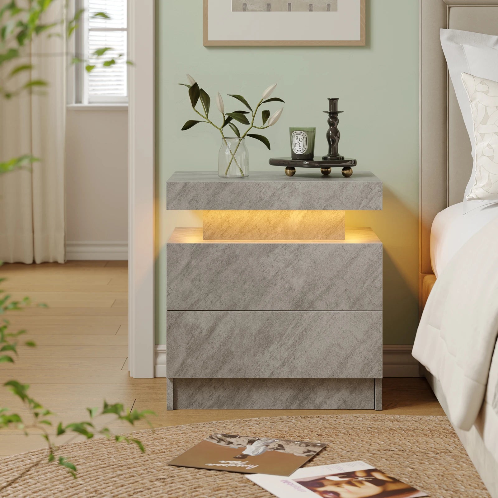 Moroccan Cube Nightstands with 2 Drawers, End Table with RGB LED Lights