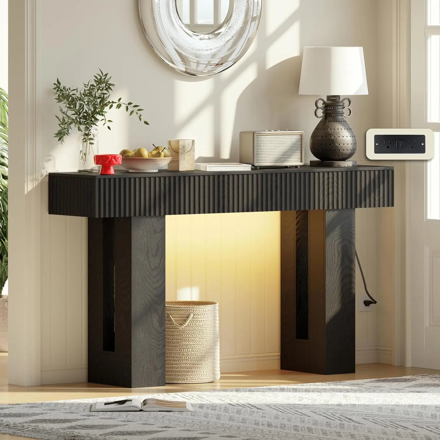 Lights up! 60in Power Outlet RGB Console Table, Thick Wood