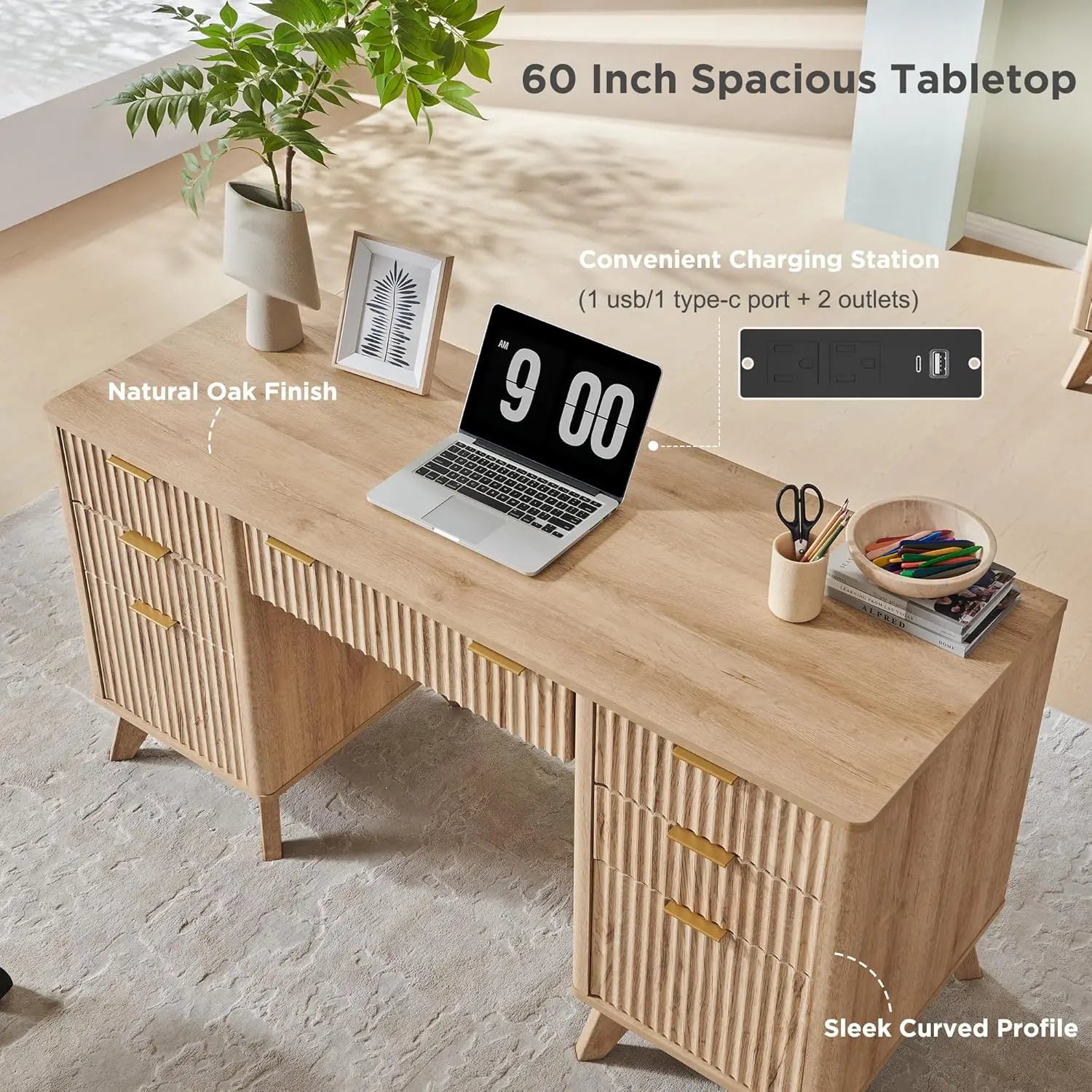 Fluted Executive Desk with Drawers, 60" Modern Home Office Computer Desk