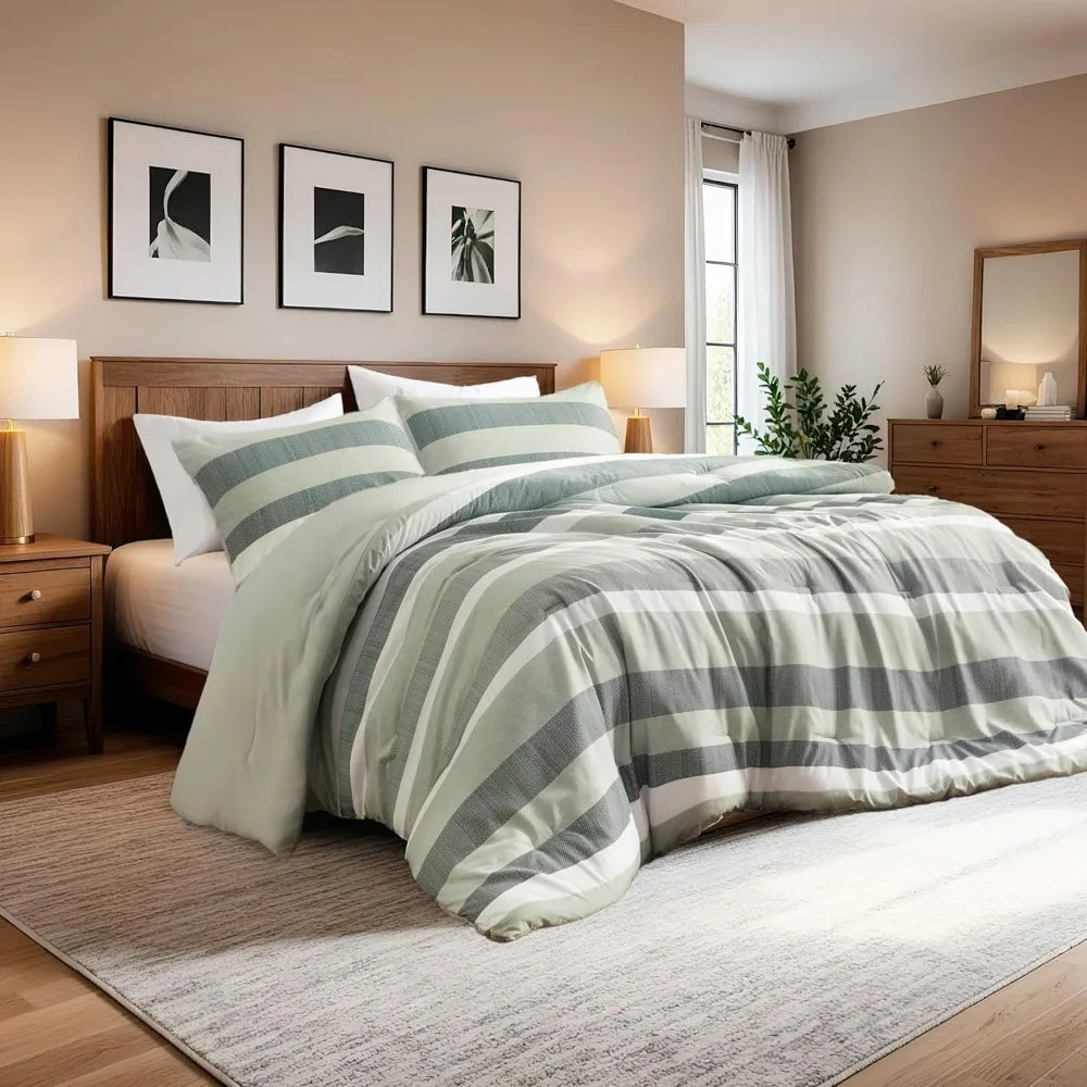 Comforter Set, 3 Pieces Striped Bed Set, Soft Brushed Microfiber Reversible