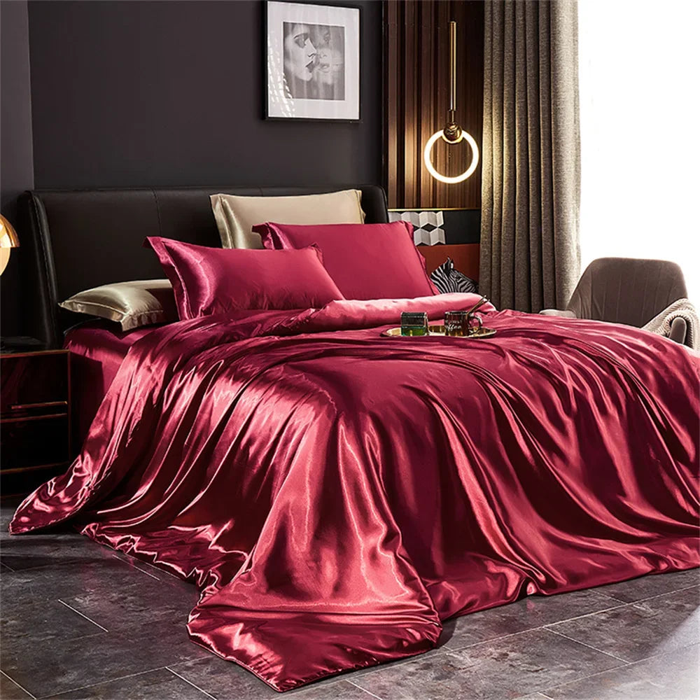 Solid Silk Bedding Set with Duvet Cover Bed Sheet Pillowcases