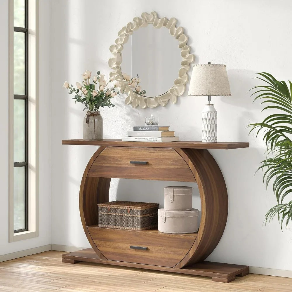 Cozy Modern O-Shaped Design 47'' Console Table with 2 Drawers