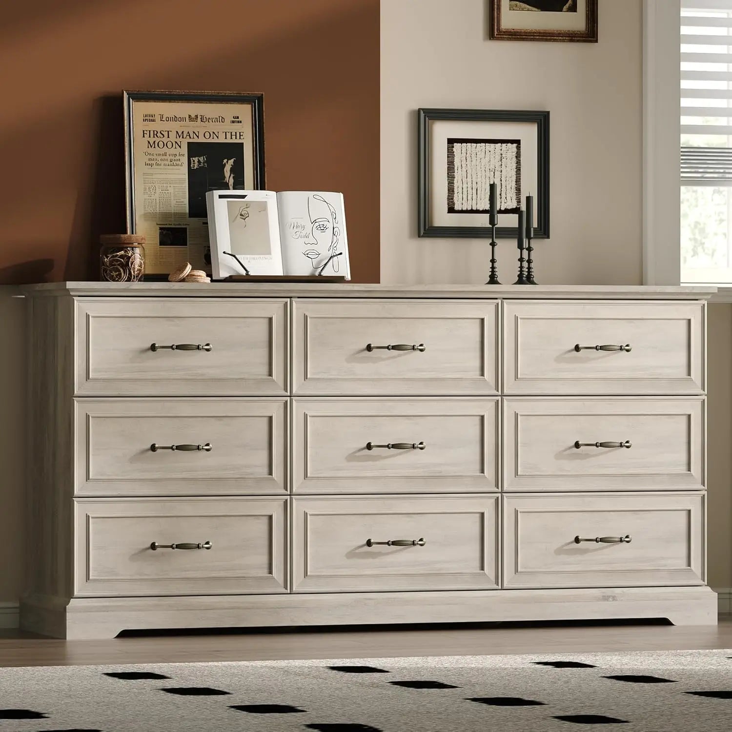 Farmhouse Drawer(9) Rustic Wood Dresser with Deep Drawers & Bar Handles ,63" Wide