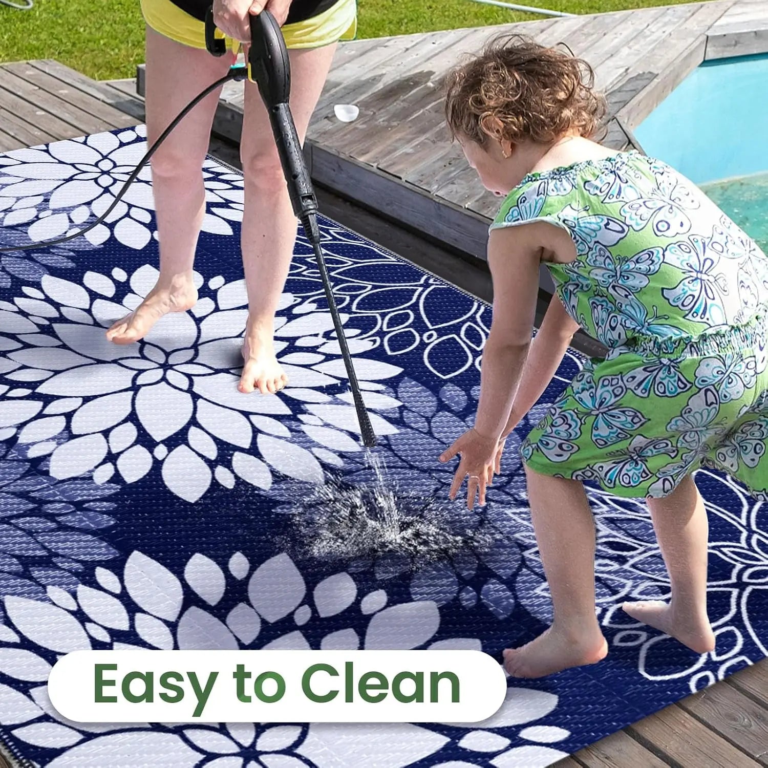 Waterproof Reversible Outdoor Rug, 5' x 8' Blue Mat