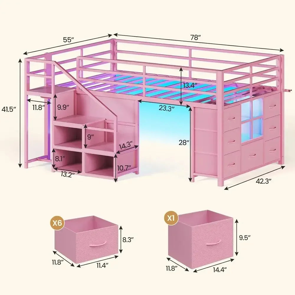 Twin Size Pink Kids Loft Bed with Stairs, LED Lights, and Play Area