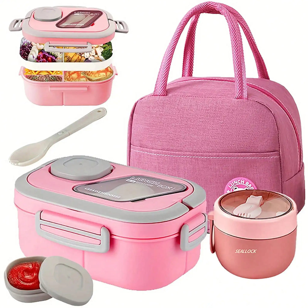 2-Layer Multi-Compartment Lunch Box Set: Lunch Box + Cup + Bag.