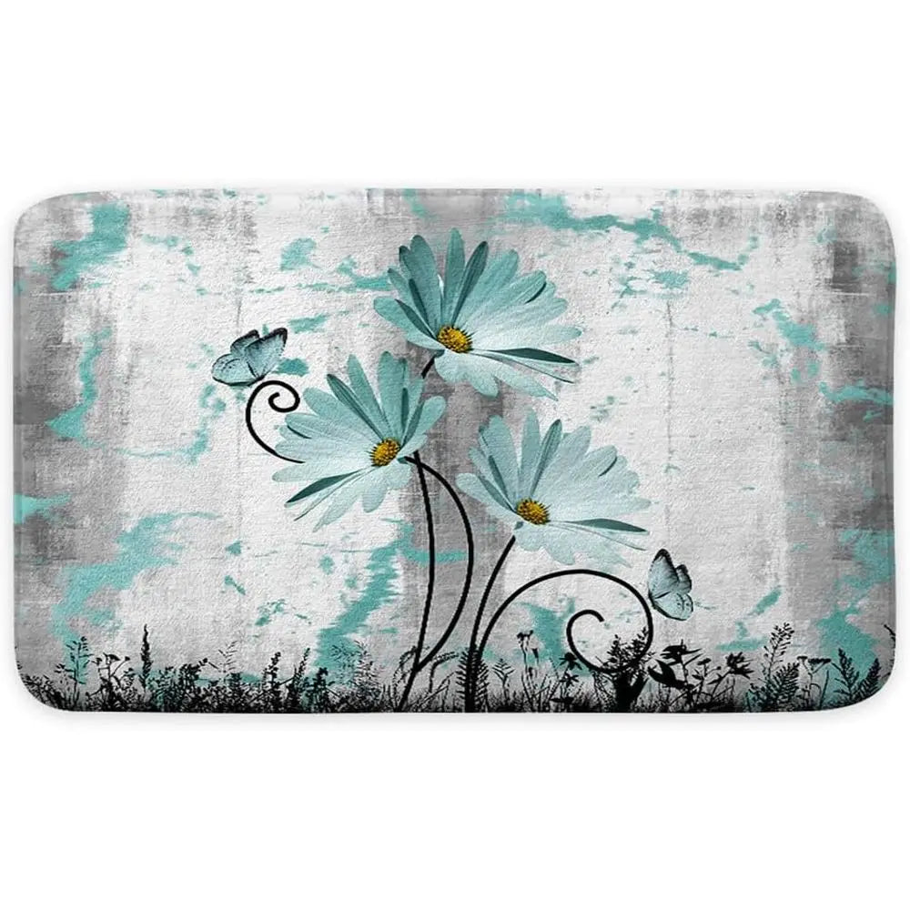 Rustic Armhouse Bath Rug, Teal Grey Daisy Floral Country Wooden Bath Mat