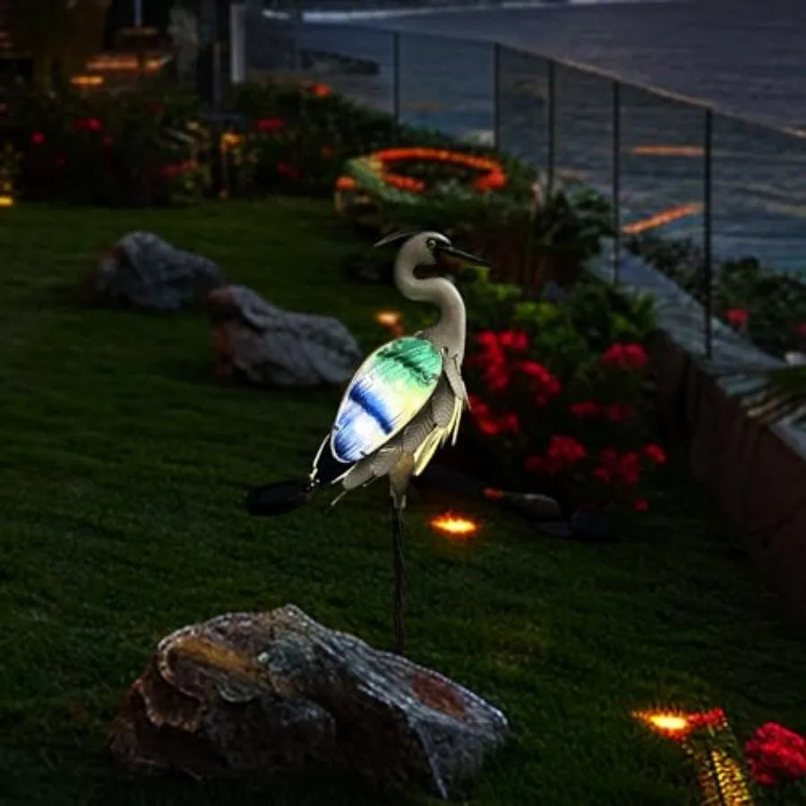 Solar Metal Crane or Pelican Statue Garden Heron Sculpture Yard Art