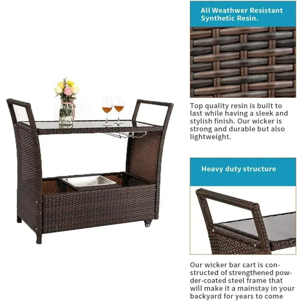 Hot-sellingRattan Outdoor Bar Cart on Wheels with Ice Bucket and Glass Top for Serving Drinks