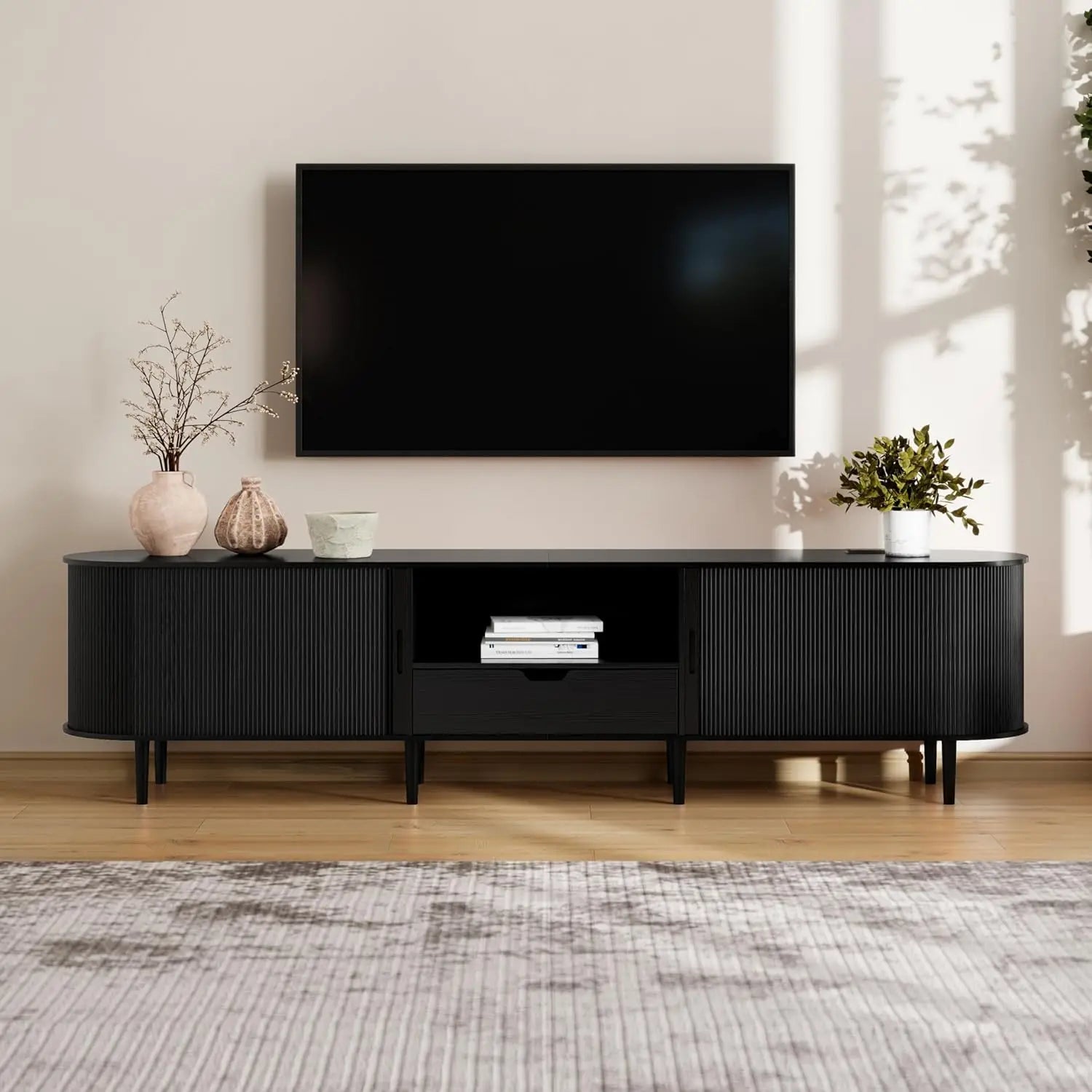 Fluted TV Stand Power Outlet 90" Console 86.6" long