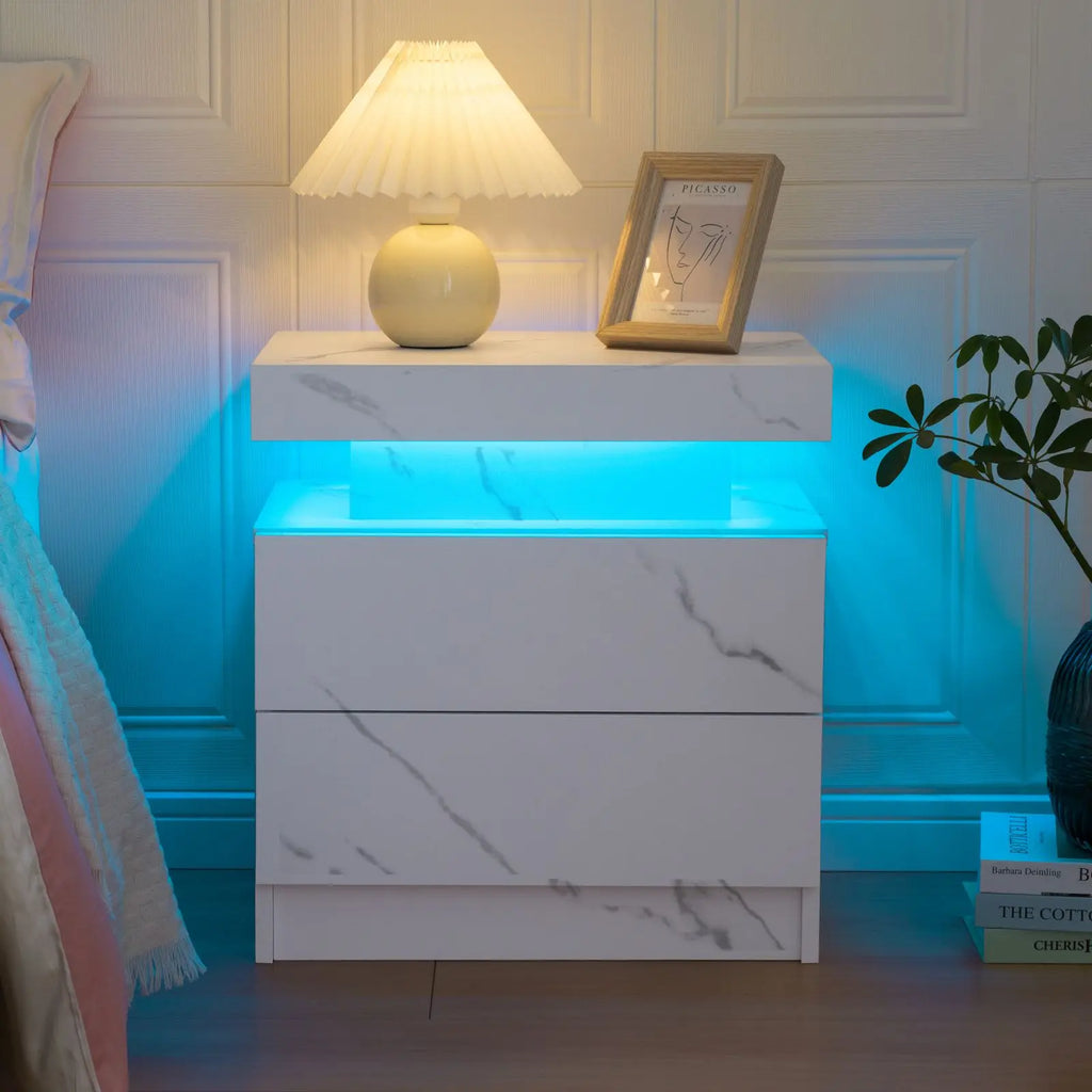 Moroccan Cube Nightstands with 2 Drawers, End Table with RGB LED Lights
