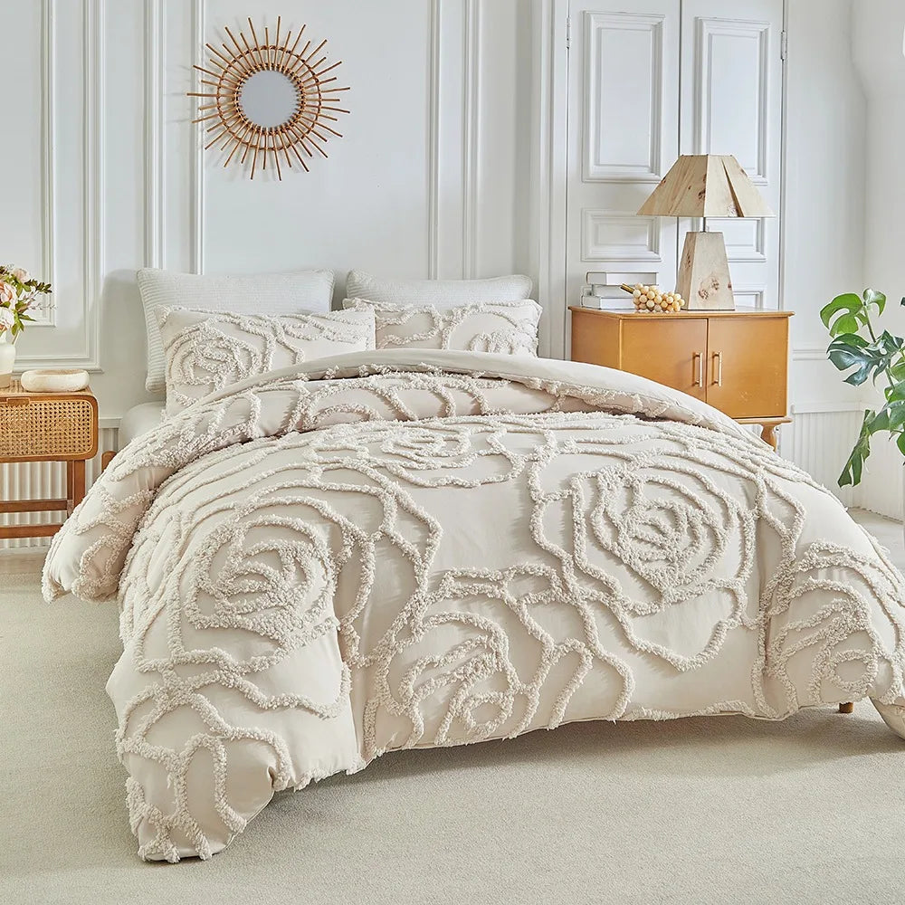 3D Rose Floral Tufted Duvet Cover Set High Quality and Pillowcases