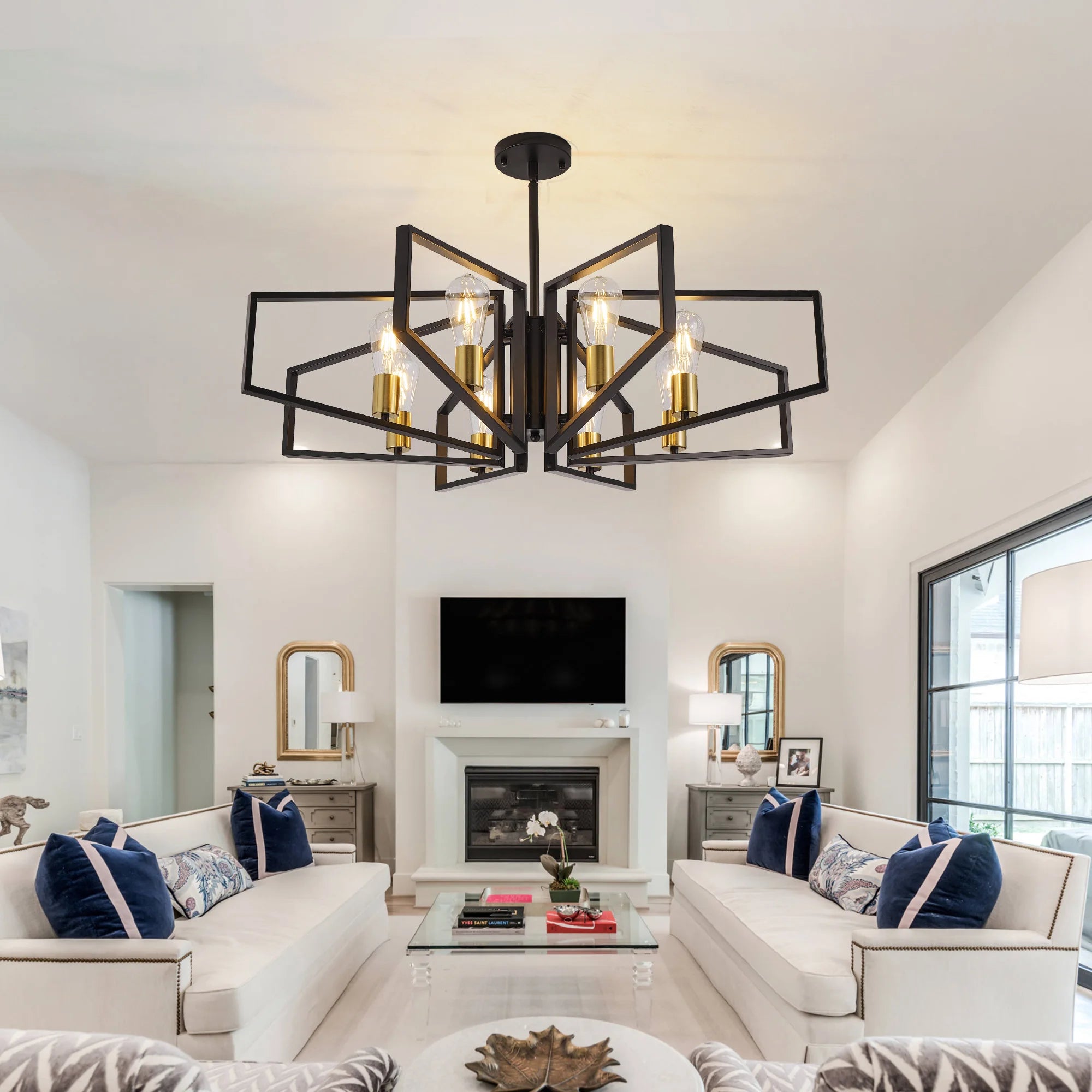 Modern 8-Light Geometric Chandelier Metal Pendant Light , Black or Golden Frame