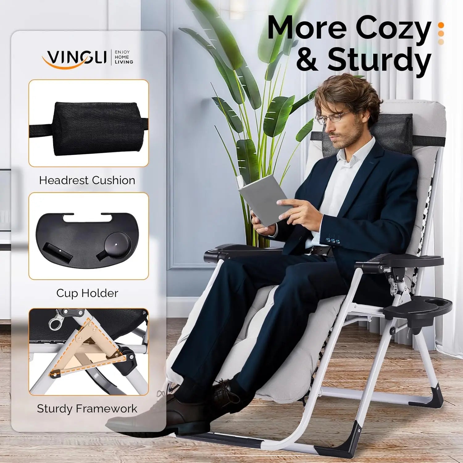 Padded Zero Gravity Chair, Lounge Chair with Removable Cushion & Tray