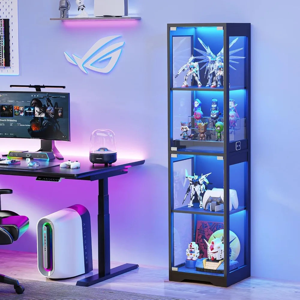 4-Tier Glass Display Cabinet with 3 Color LED Lights - Black