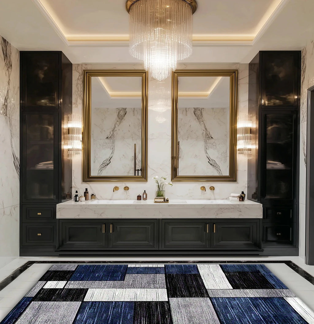 Stunning Modern Geometric Patchwork Area Rug ,Blue Black Gray