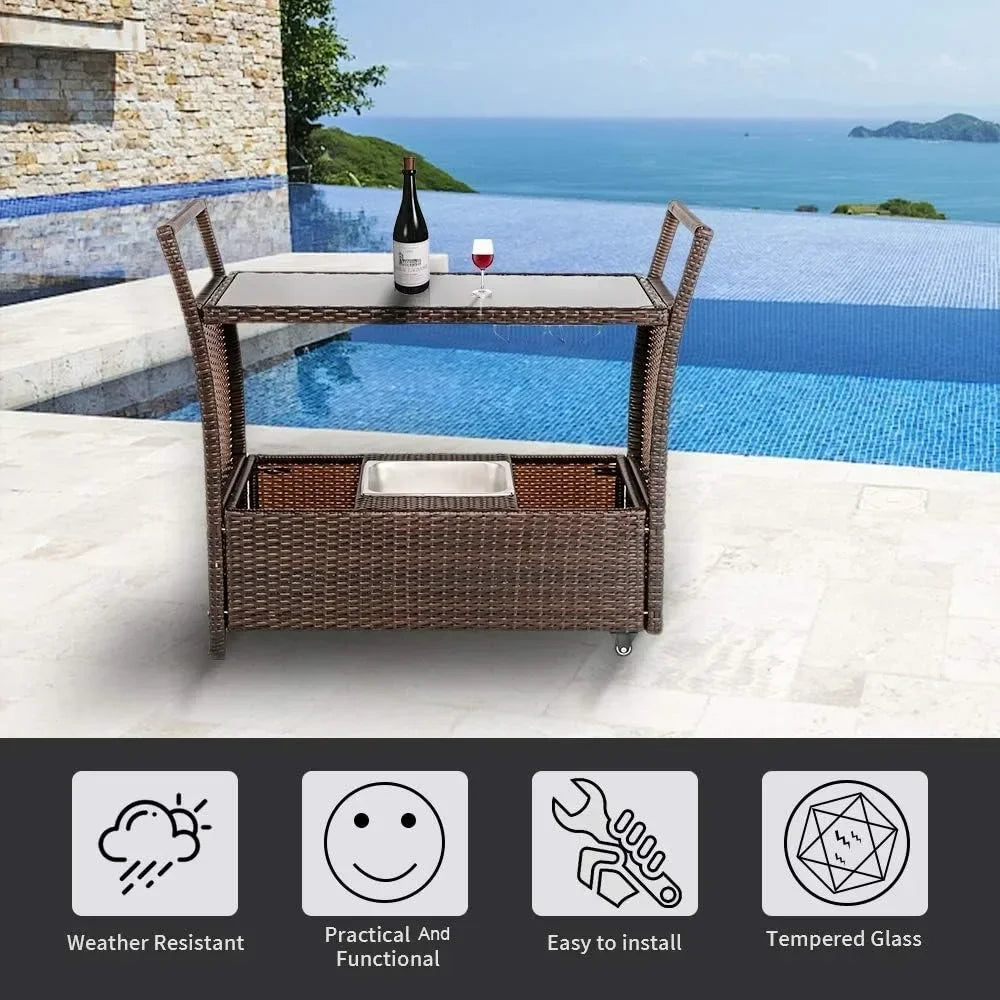 Hot-sellingRattan Outdoor Bar Cart on Wheels with Ice Bucket and Glass Top for Serving Drinks