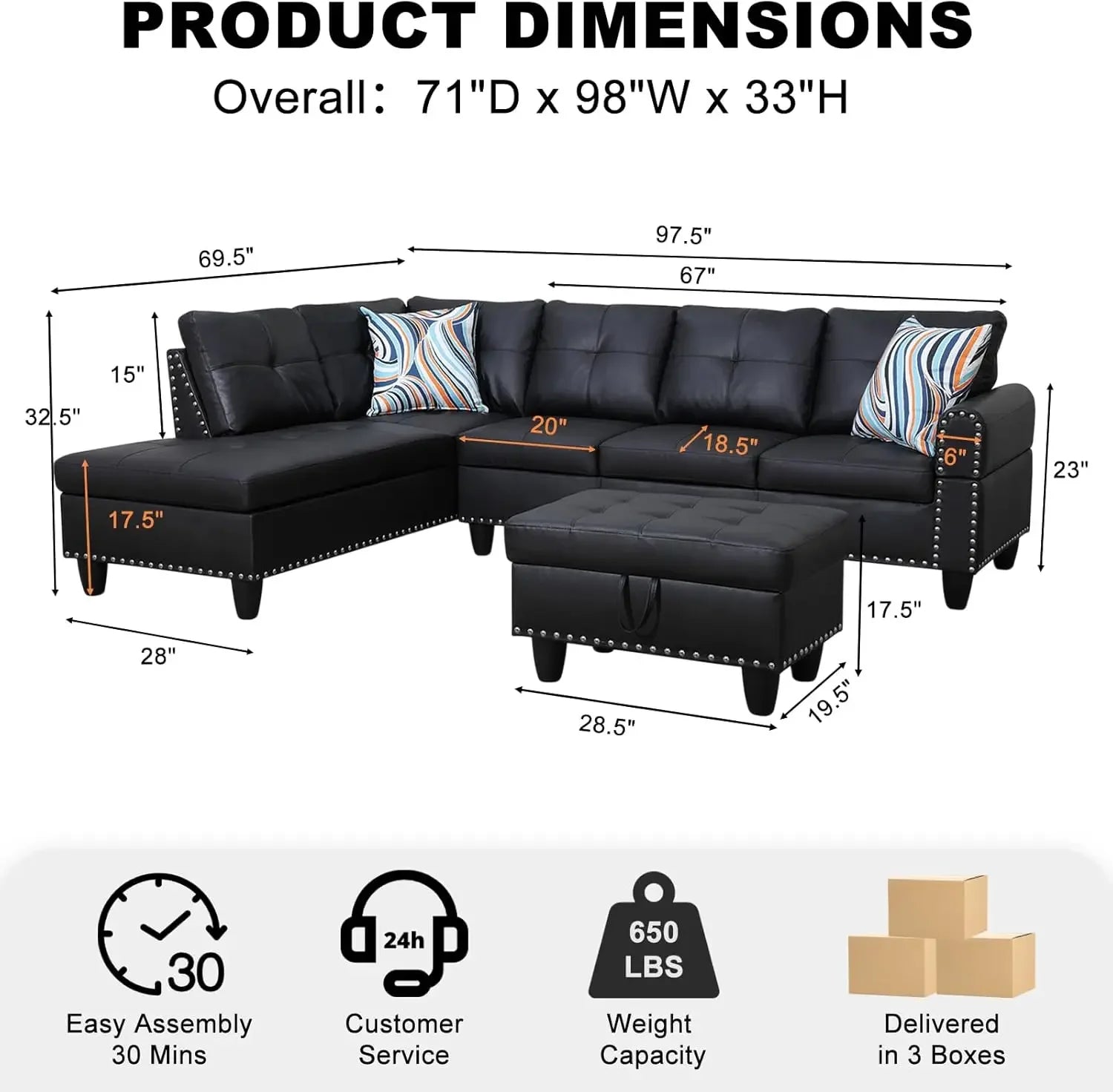 Sectional Sofa Couch, Modern 4-Seaters Living Room Furniture Set